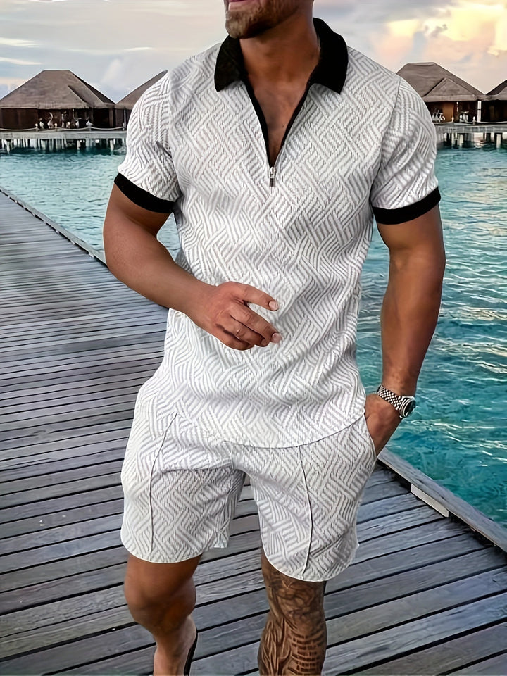 Men's Reid collared shirt & mid-thigh shorts set in white geometric pattern with black trim.