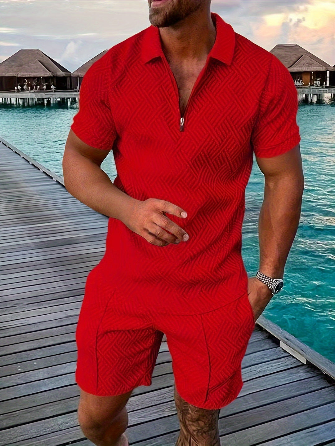 Men's Reid collared shirt and mid-thigh shorts set in vibrant red with a textured pattern, perfect for a sharp, casual look.