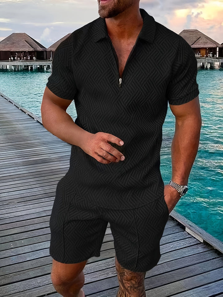 Men's Reid black collared shirt & mid-thigh shorts set with a sharp, casual finish and practical pocket detailing.