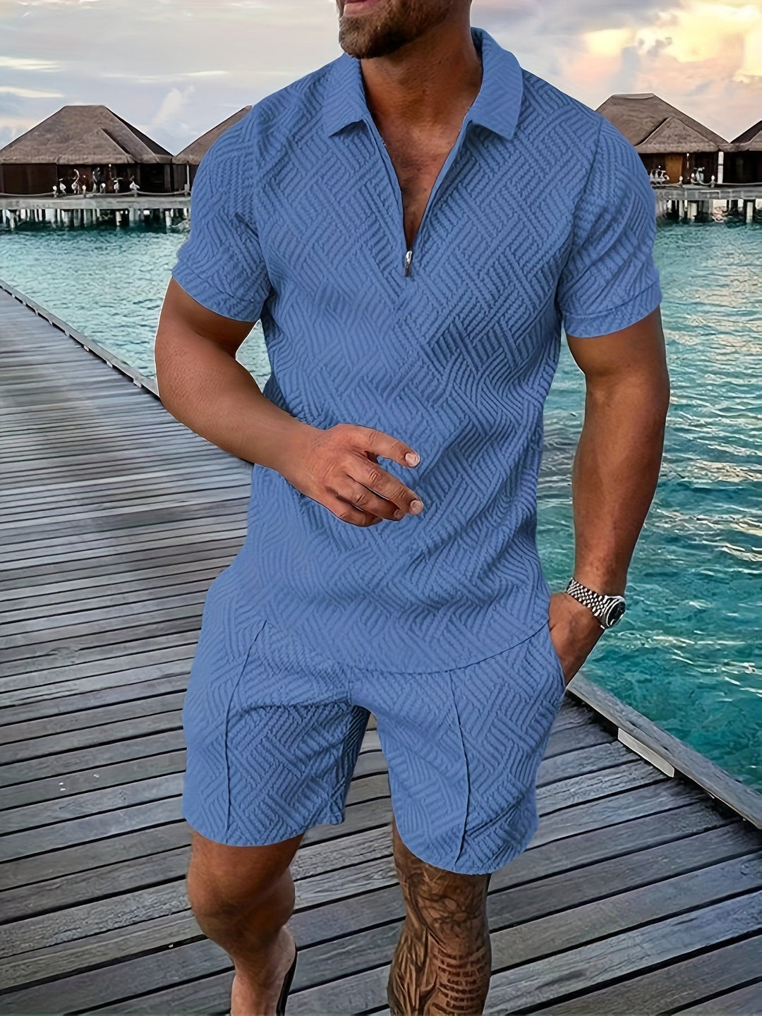 Men's Reid collared shirt and mid-thigh shorts set in blue textured fabric, perfect for a sharp, casual look.