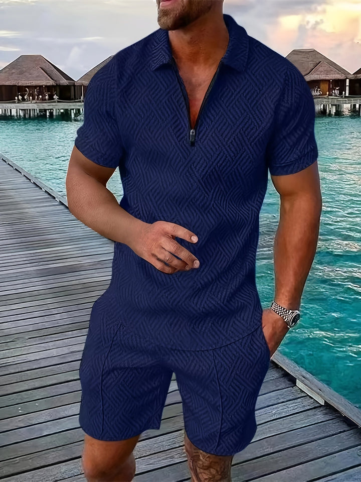 Men's navy Reid collared shirt and mid-thigh shorts set with a textured geometric pattern and zip placket.