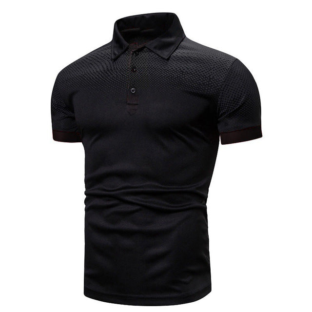 Men's Reid short sleeve black polo shirt with ribbed collar, three buttons, and subtle textured pattern.