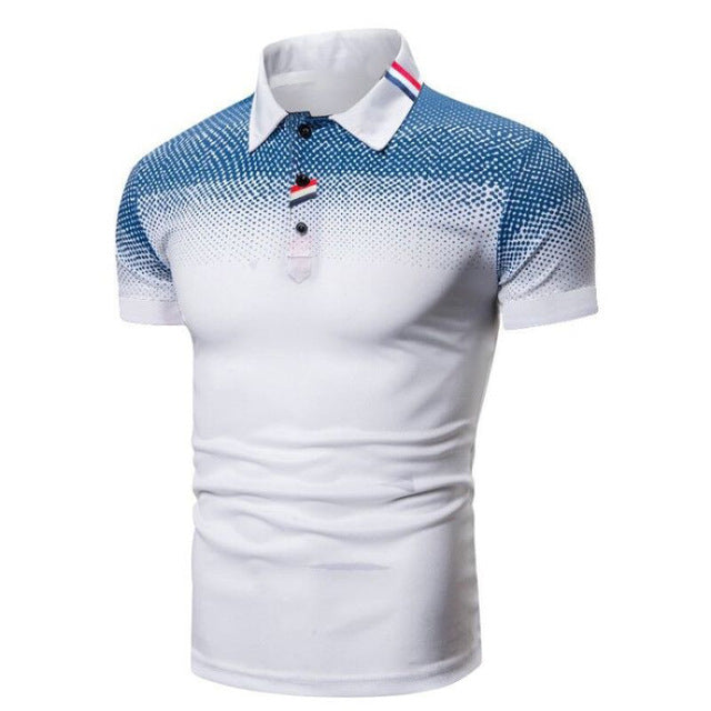 Men's Reid short sleeve polo shirt with a blue dotted fade design, ribbed collar, and button placket.