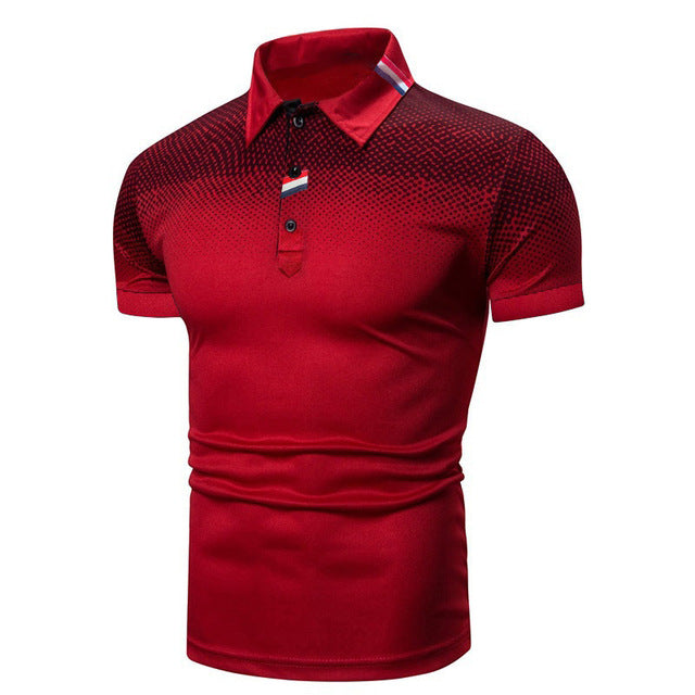 Men's Reid short sleeve polo in red with a modern dotted pattern and ribbed collar.