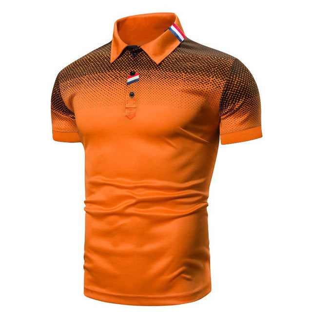 Men's Reid short sleeve polo in vibrant orange with a modern dotted fade, ribbed collar, and button placket.