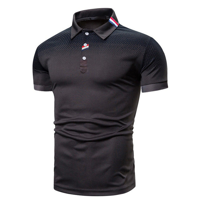 Reid men's short sleeve polo shirt in black with a ribbed collar and subtle dotted pattern.
