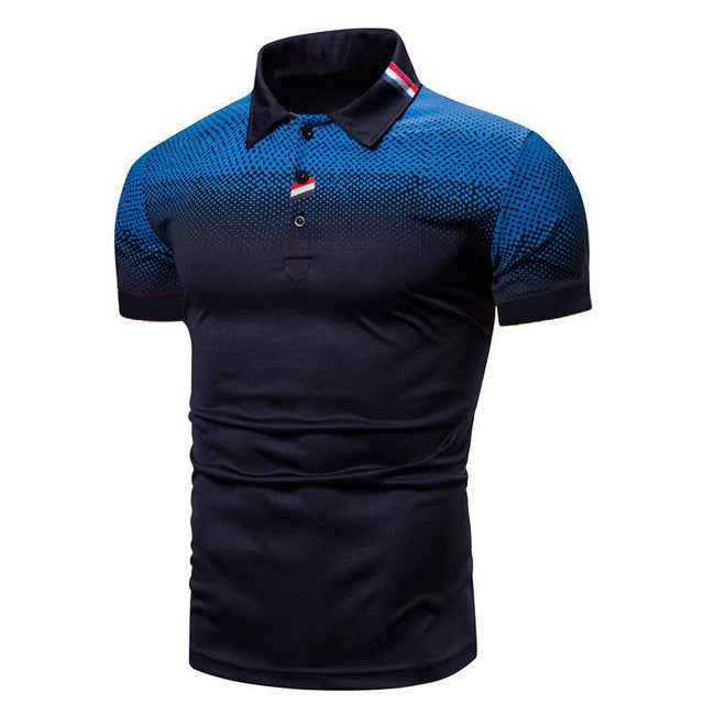 Men's Reid short sleeve polo shirt in blue ombre with a dotted pattern and ribbed collar.