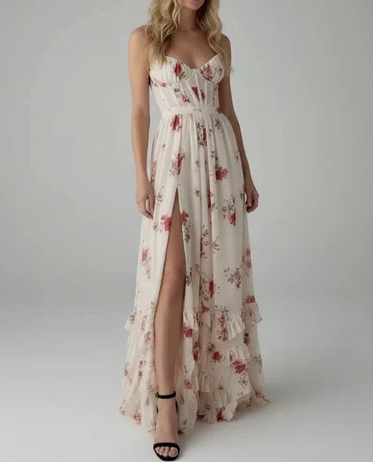 White floral spaghetti strap maxi dress with a high slit.