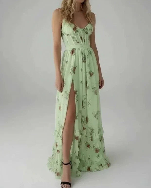 Green floral spaghetti strap maxi dress with a high slit.