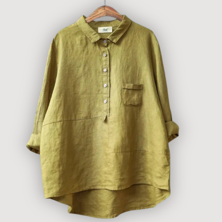Olive green Rosalie relaxed linen blouse with a half-placket button front and collar on a hanger.