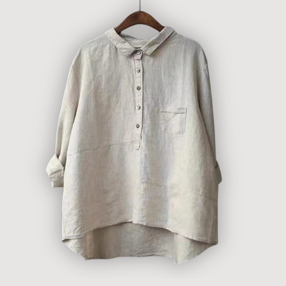 Rosalie relaxed beige linen blouse with a half-placket button front and collar on a hanger.