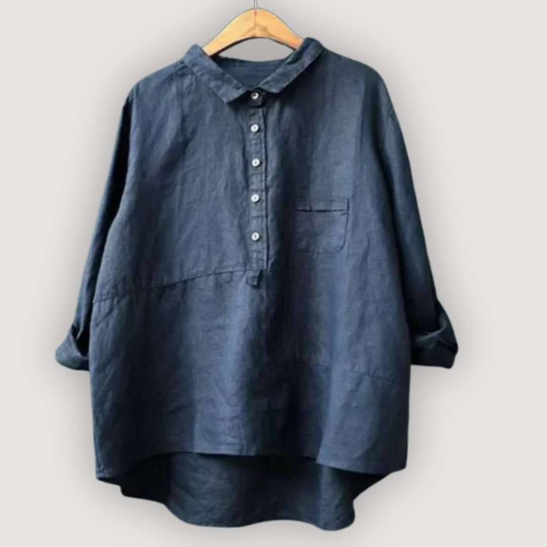 Rosalie navy blue relaxed linen blouse with a half-placket button front and collar.