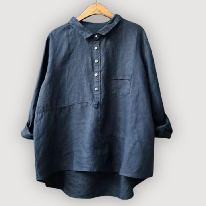 Rosalie navy blue relaxed linen blouse with a half-placket button front and collar.