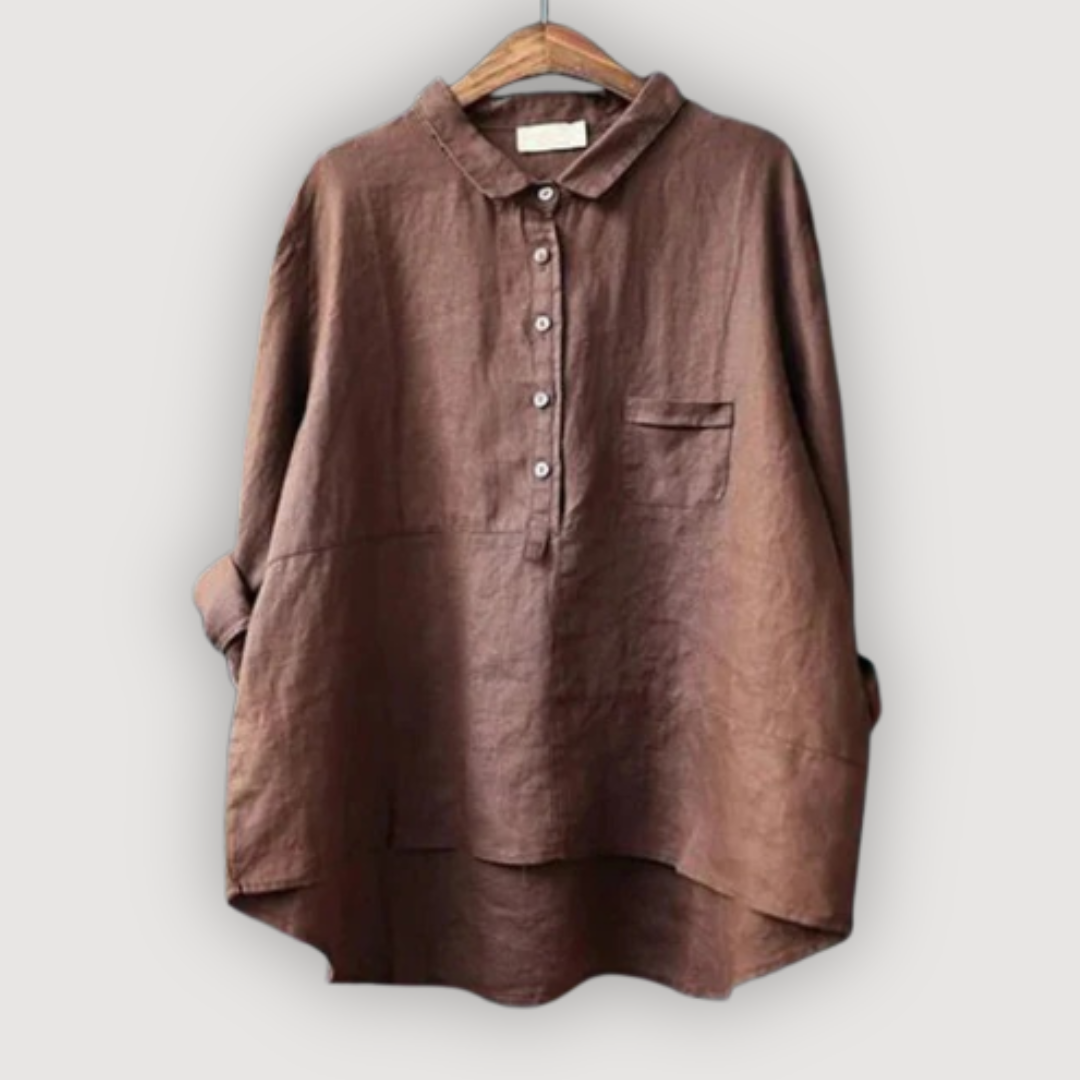 Brown relaxed-fit linen blouse with a half-placket button front, collar, and chest pocket.