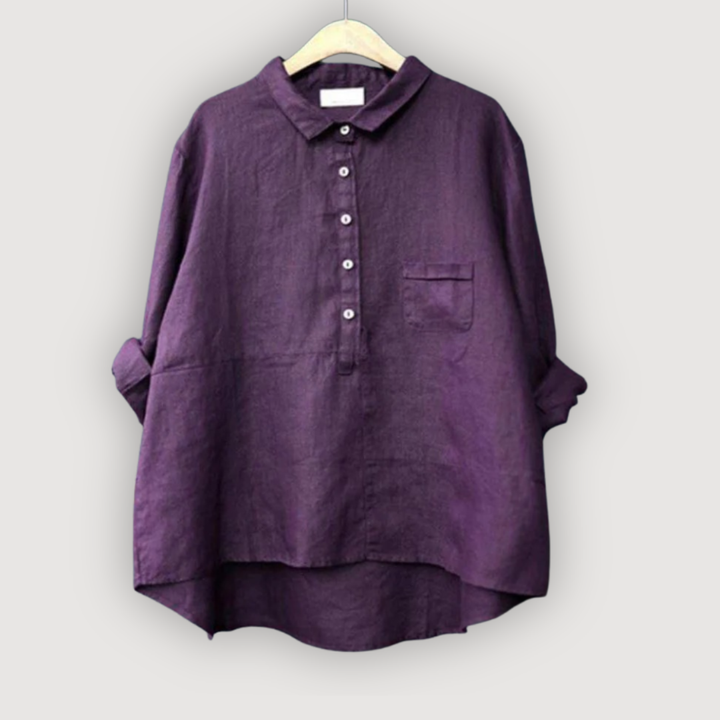 Purple relaxed-fit linen Rosalie blouse with a half-placket button front and collar.