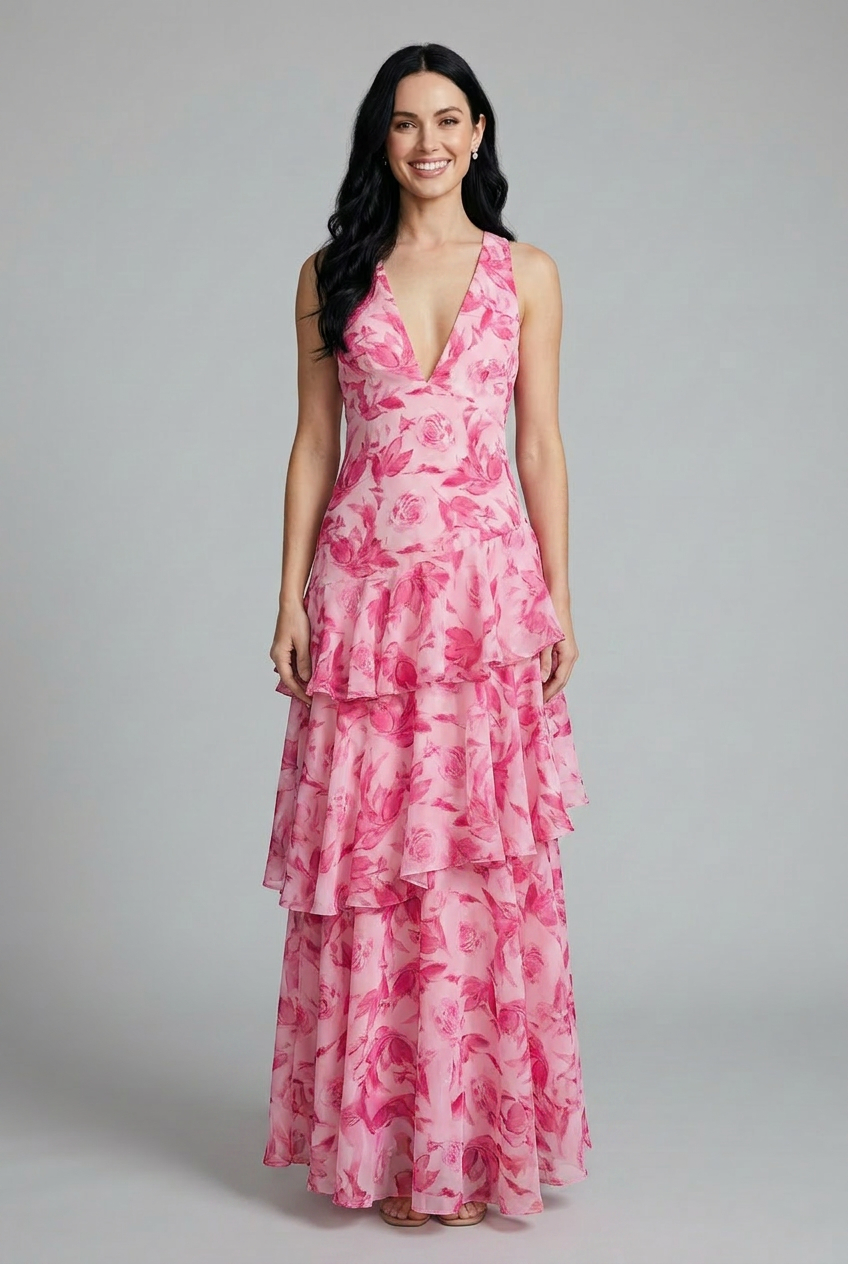 Women's Rosaline pink floral maxi dress with deep V-neck, sleeveless bodice, and layered ruffle skirt.