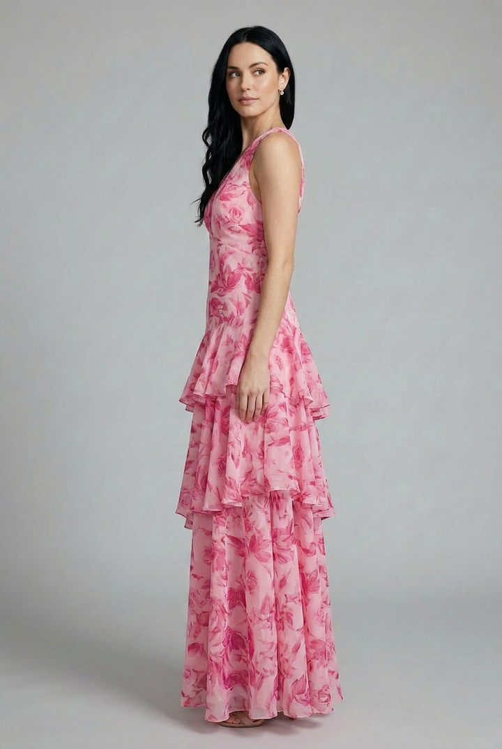 Women's Rosaline pink floral maxi dress with deep V-neck, sleeveless bodice, and layered ruffle skirt.