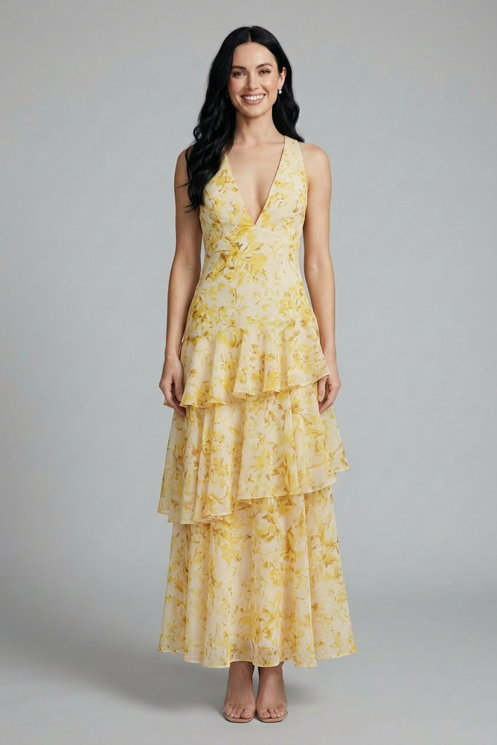 Women's Rosaline floral summer maxi dress with deep V-neckline, sleeveless bodice, and layered ruffle skirt.