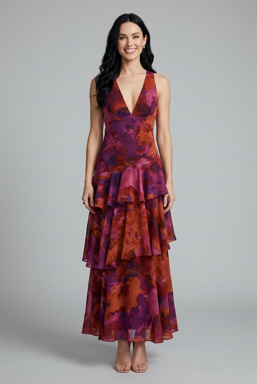 Rosaline women's floral summer maxi dress with deep V-neck, sleeveless bodice, and layered ruffle skirt.