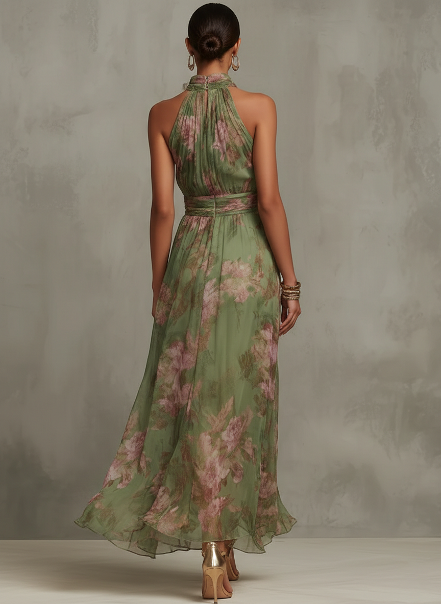 Sophia women's floral halter maxi dress in flowing green chiffon with pink flowers, tied waist, and elegant silhouette.