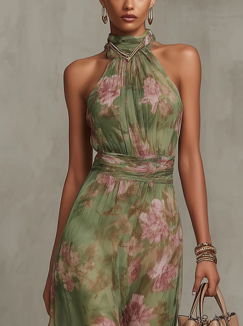 Sophia women's green floral halter maxi dress with defined waist and flowing silhouette.