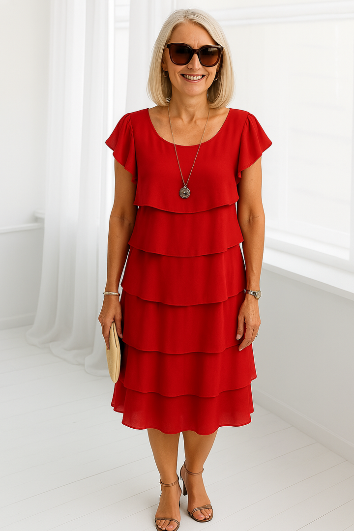 Sophia Women's Short Sleeve Layered Midi Dress in vibrant red, featuring a flowing tiered skirt and elegant flutter sleeves.
