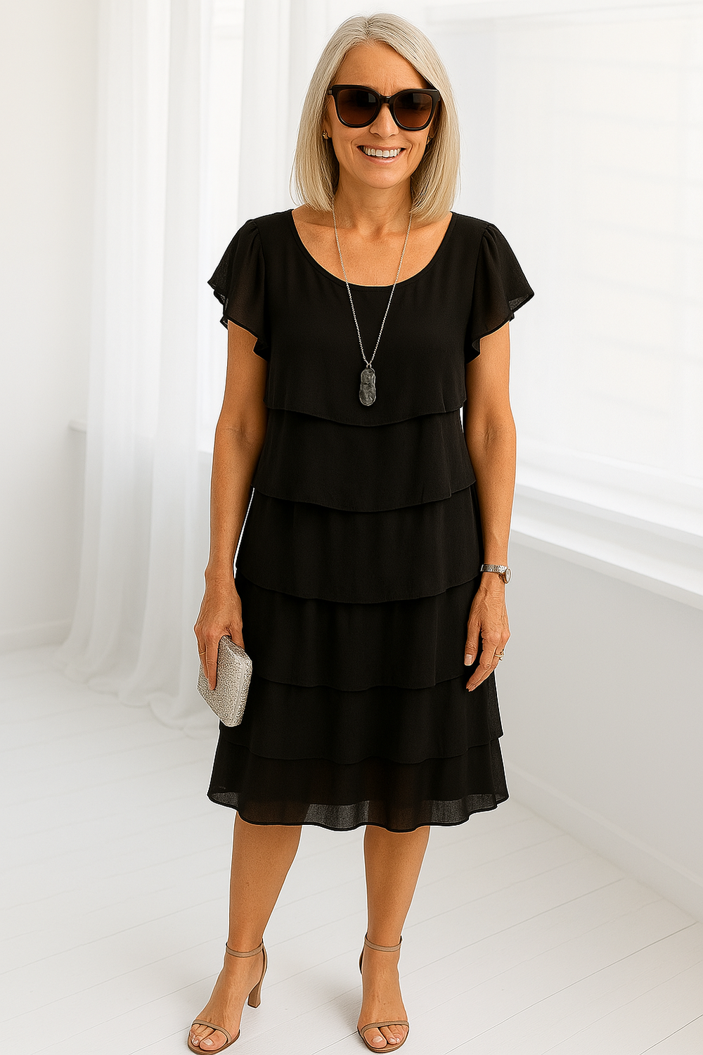 Sophia black short sleeve layered midi dress, elegant and flowing, with a silver clutch and heels.