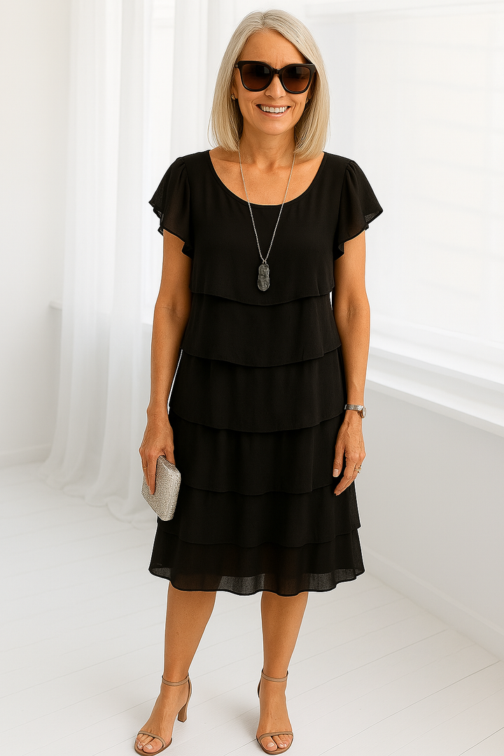 Sophia black short sleeve layered midi dress, elegant and flowing, with a silver clutch and heels.