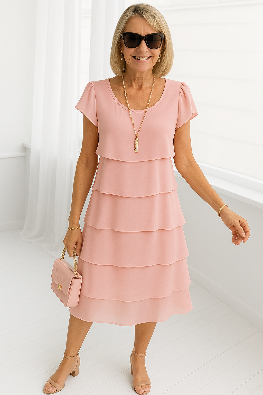 Sophia Women's Short Sleeve Layered Midi Dress in graceful pink, styled with sunglasses and a matching handbag.