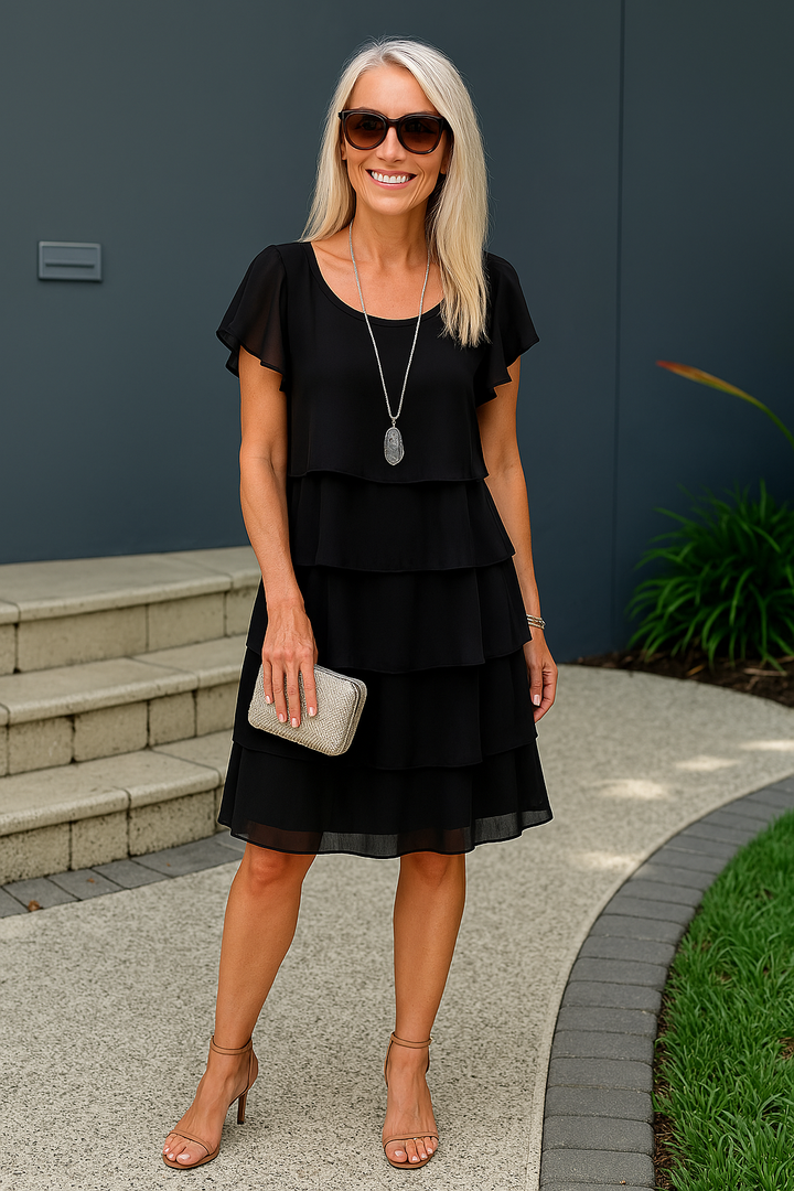 Sophia black short sleeve layered midi dress, offering graceful movement and a put-together look.