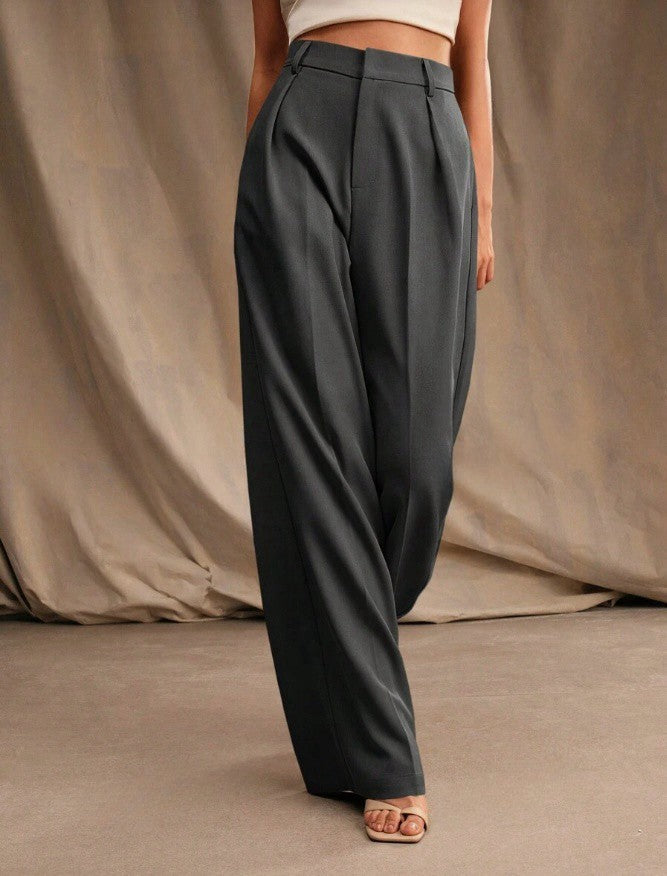Stella women's high-waist, wide-leg charcoal pants with refined tailoring for a sleek, confident look.