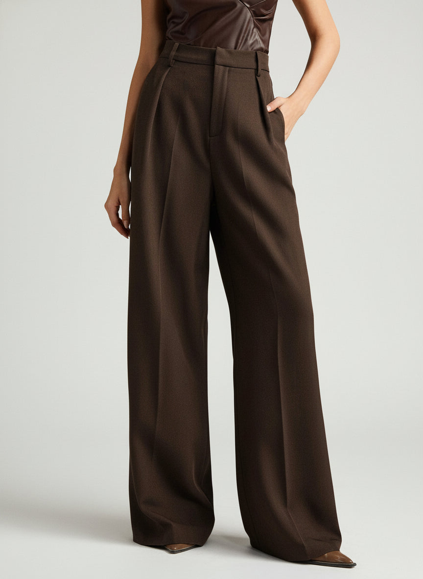 Stella women's high-waist, wide-leg brown pants with refined tailoring and a flowing cut.