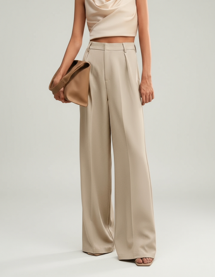 Stella women's high-waist wide-leg pants in a flowing beige fabric, paired with a matching top and bag.