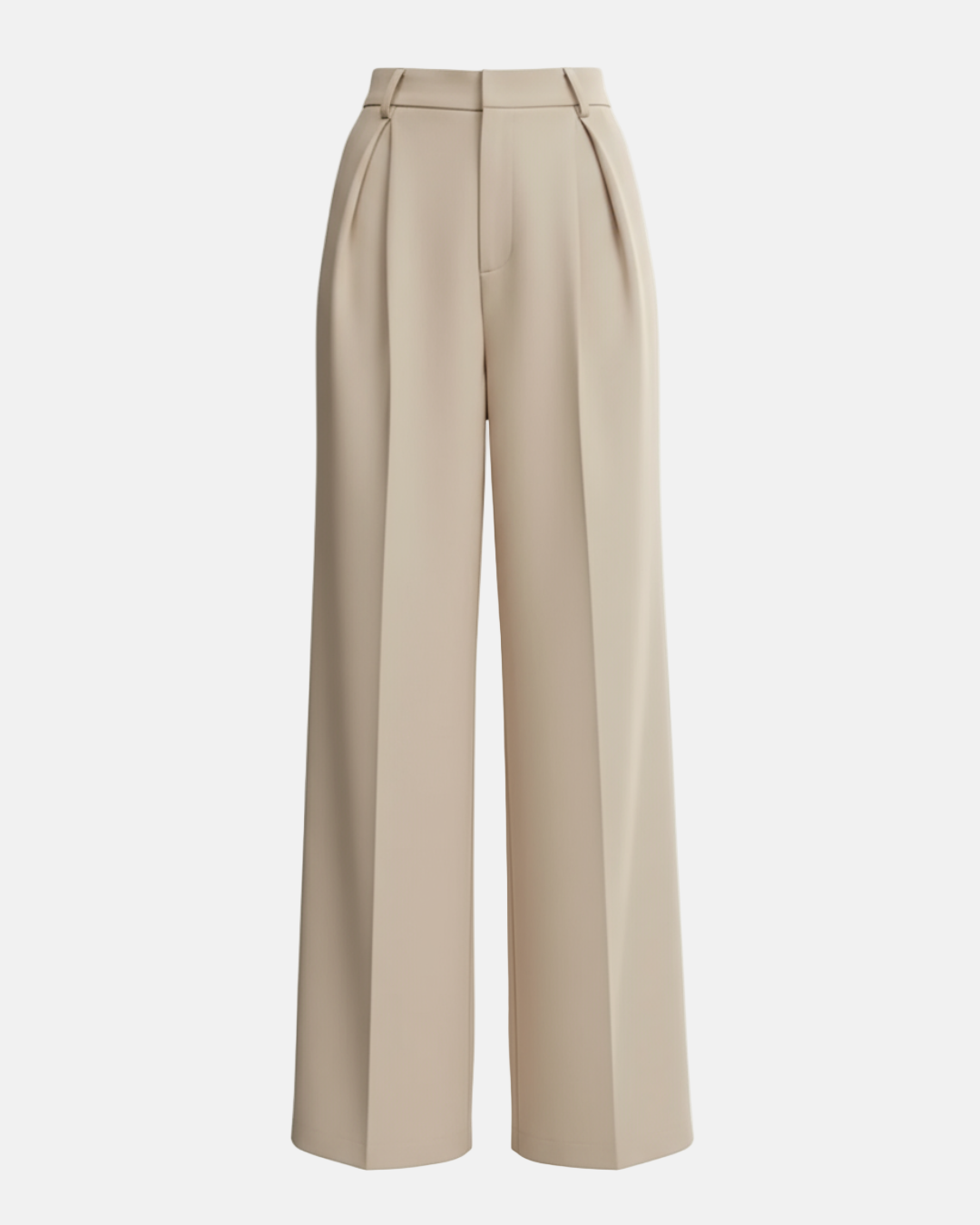 Stella women's high-waist wide-leg pants in a flowing beige fabric with tailored pleats.