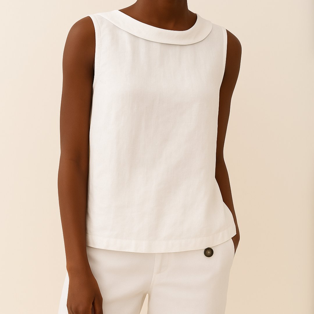 White sleeveless top featuring a modern roll collar and a soft, draped silhouette for a polished, feminine fit.