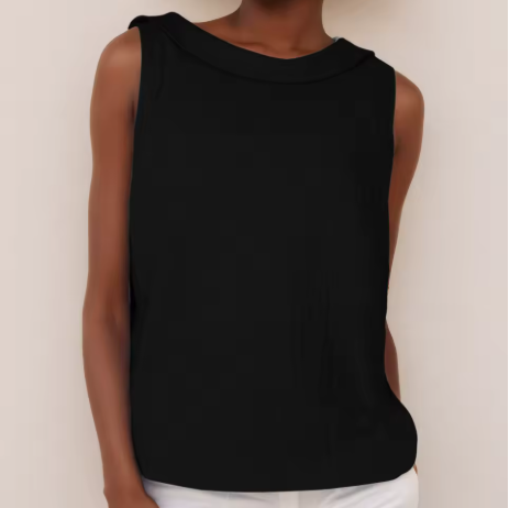 Black sleeveless top featuring a modern roll collar and a soft, draped silhouette for a flattering fit.