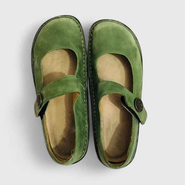 Green suede Talia orthopedic Mary Jane shoes with adjustable straps and rounded toes.
