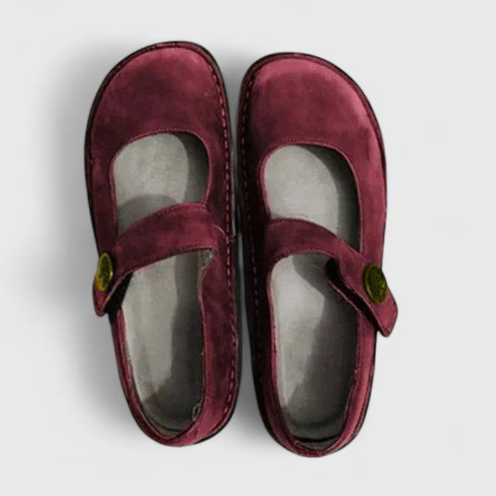 Talia women's orthopedic Mary Jane shoes in burgundy suede with adjustable straps.