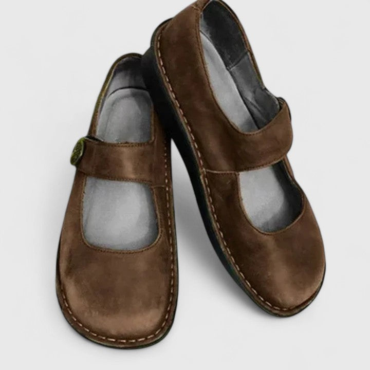Talia women's brown suede orthopedic Mary Jane shoes with adjustable straps and rounded toes.