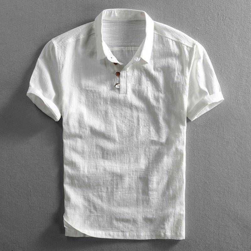 Men's white Troy short-sleeve polo shirt with classic collar, button placket, and textured fabric.