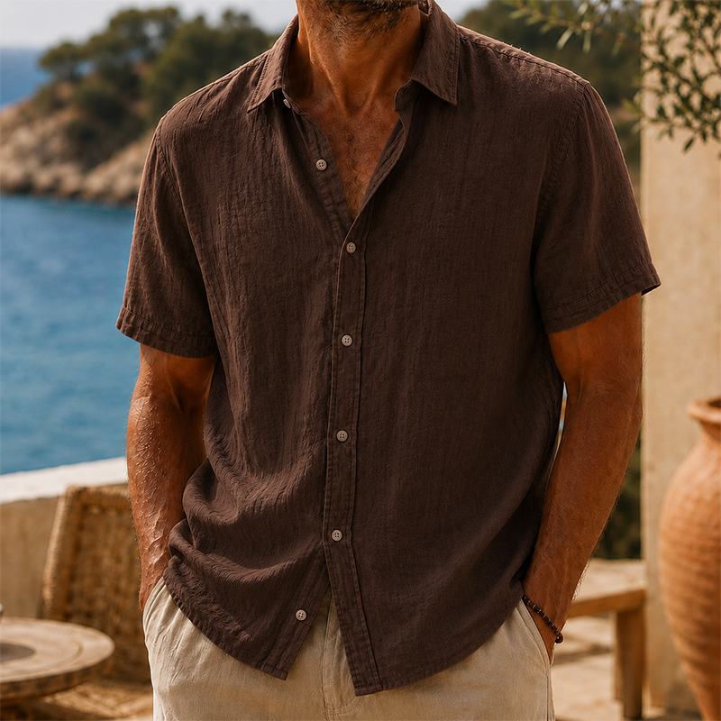 Men's Tyson dark brown linen short sleeve button shirt with collared neckline and textured fabric.