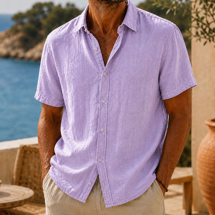 Men's Tyson lavender linen short sleeve button shirt with collared neckline and textured finish.