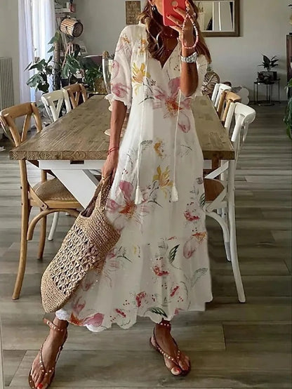 Stine | Women's Boho A-Line Maxi Dress with V-Neck and Tassel Tie