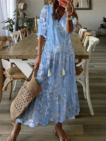Stine | Women's Boho A-Line Maxi Dress with V-Neck and Tassel Tie