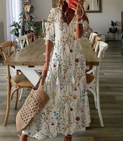Stine | Women's Boho A-Line Maxi Dress with V-Neck and Tassel Tie