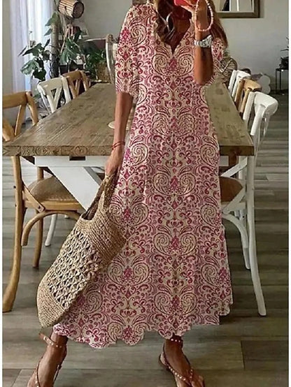 Stine | Women's Boho A-Line Maxi Dress with V-Neck and Tassel Tie