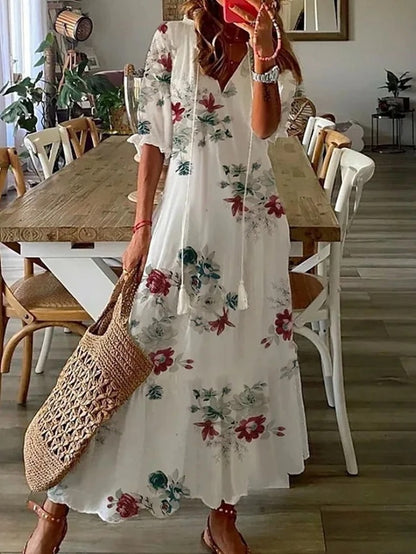 Stine | Women's Boho A-Line Maxi Dress with V-Neck and Tassel Tie