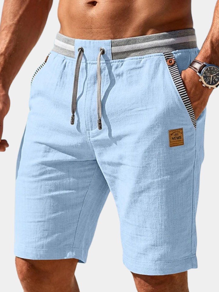 Men's light blue Weston drawstring summer shorts with striped waistband and pockets, perfect for airy, laid-back style.