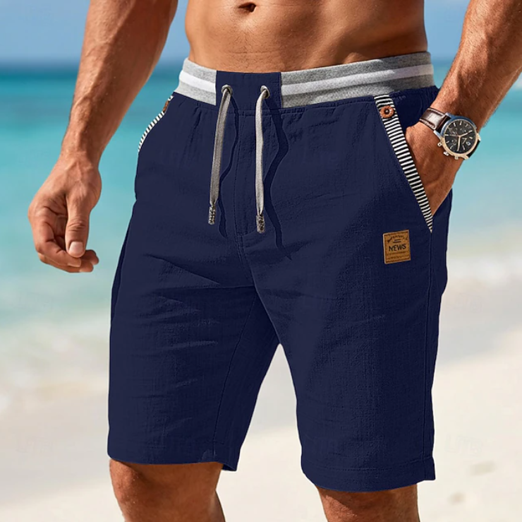 Men's navy Weston drawstring summer shorts with striped waistband and pocket trim, perfect for warm-weather days.