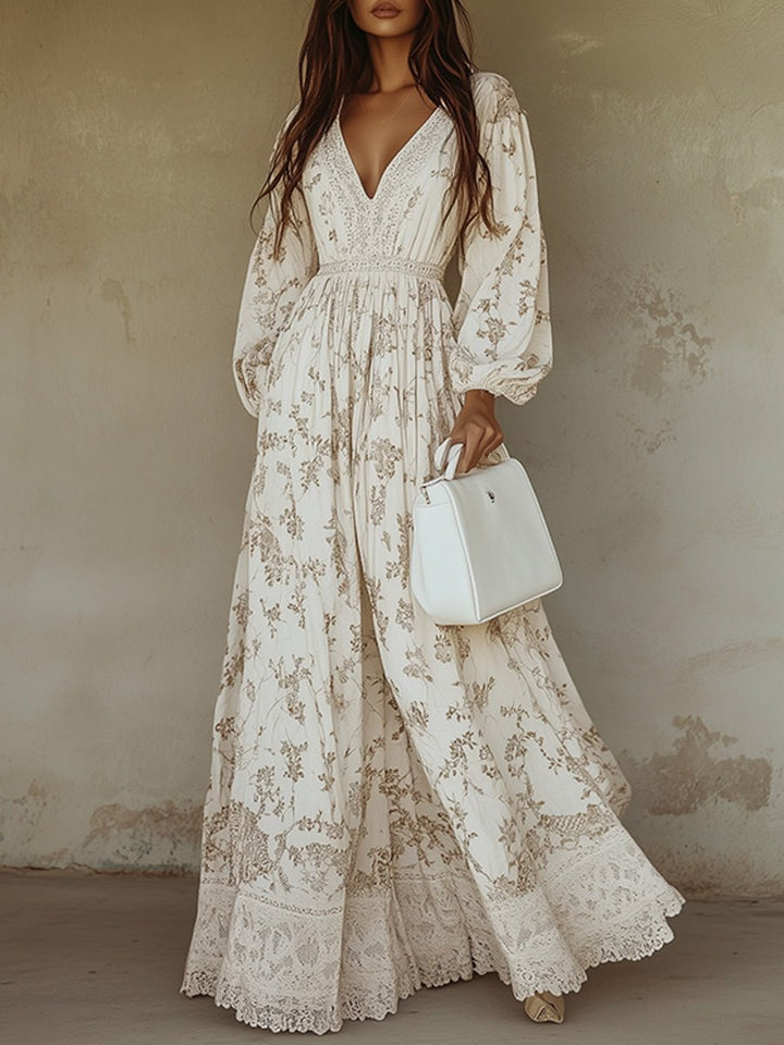 Willow women's floral puff sleeve maxi dress in cream with lace trim, deep V-neck, and tiered skirt.